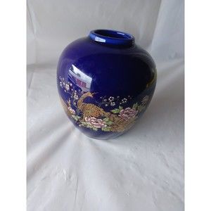 MCI Japan Cobalt Blue Small Vase 4" Peacock Floral Gold Trim Vintage